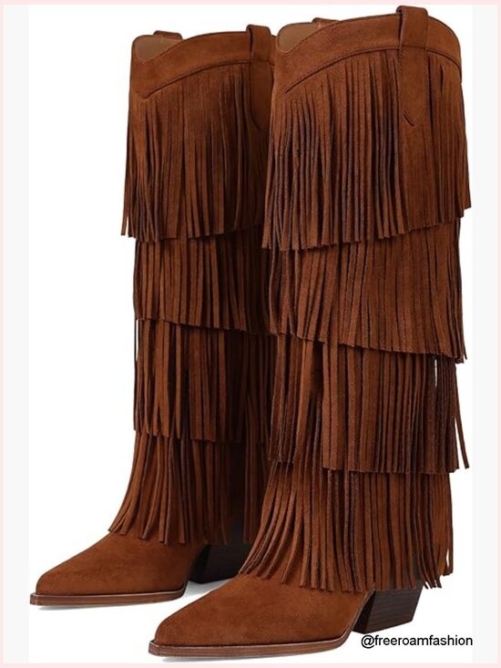 Shoes - Knee High Fringe Cowboy Boots Chunky Heel Western Pointed Toe Slip On Wide Calf